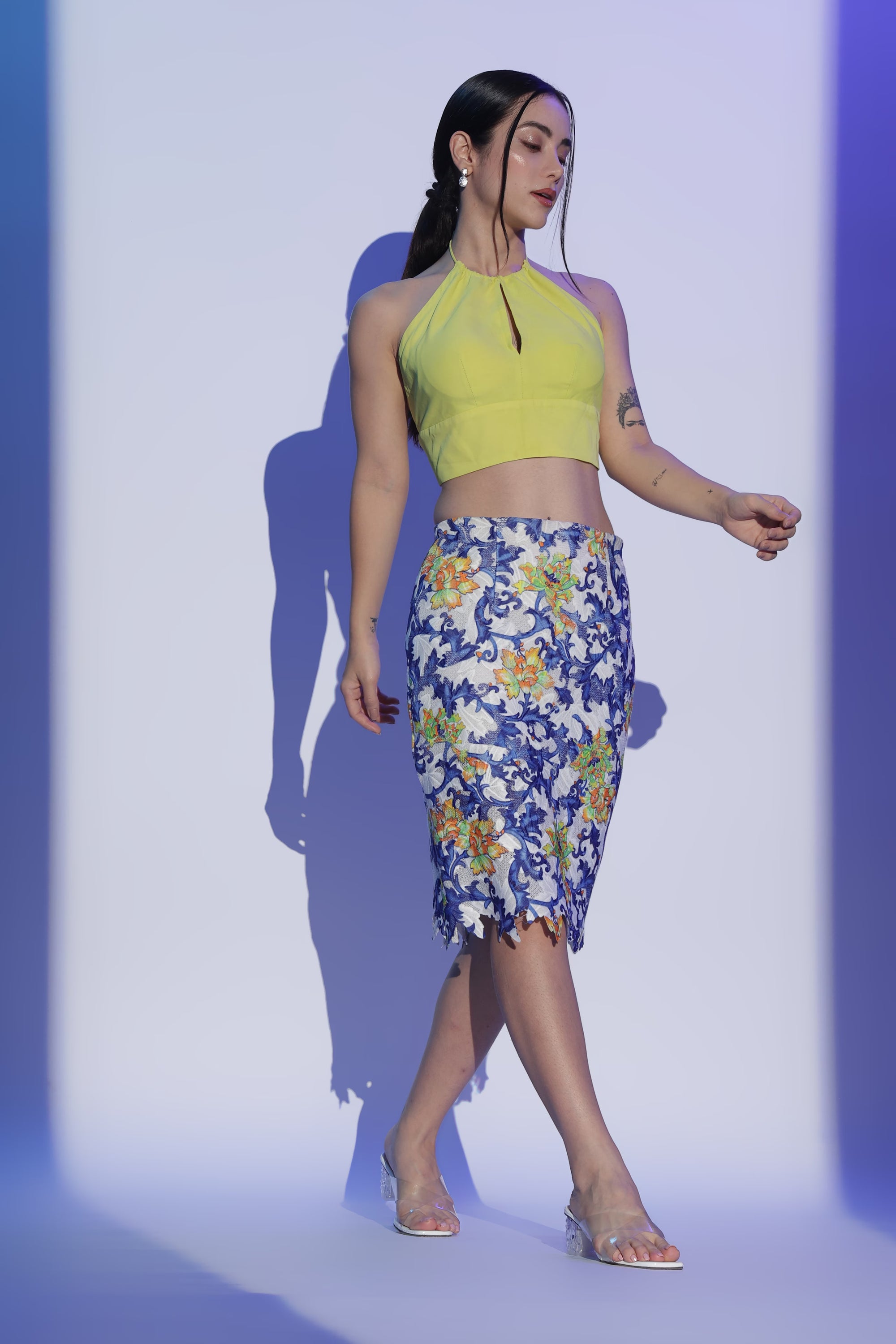 Yellow Halter Top and Embroidered Pencil Skirt