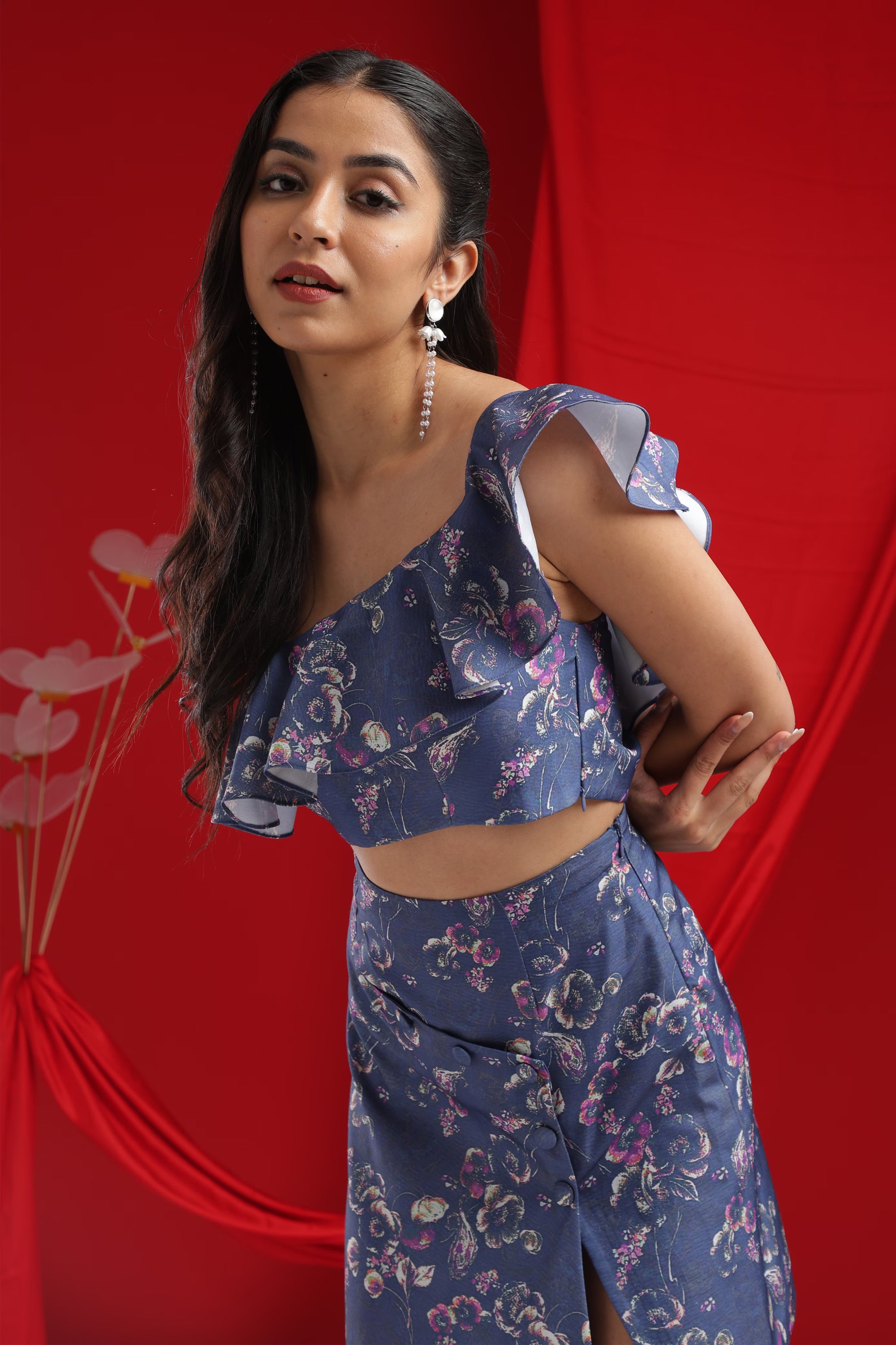 Midnight Blue Floral Ruffle co-ord Set