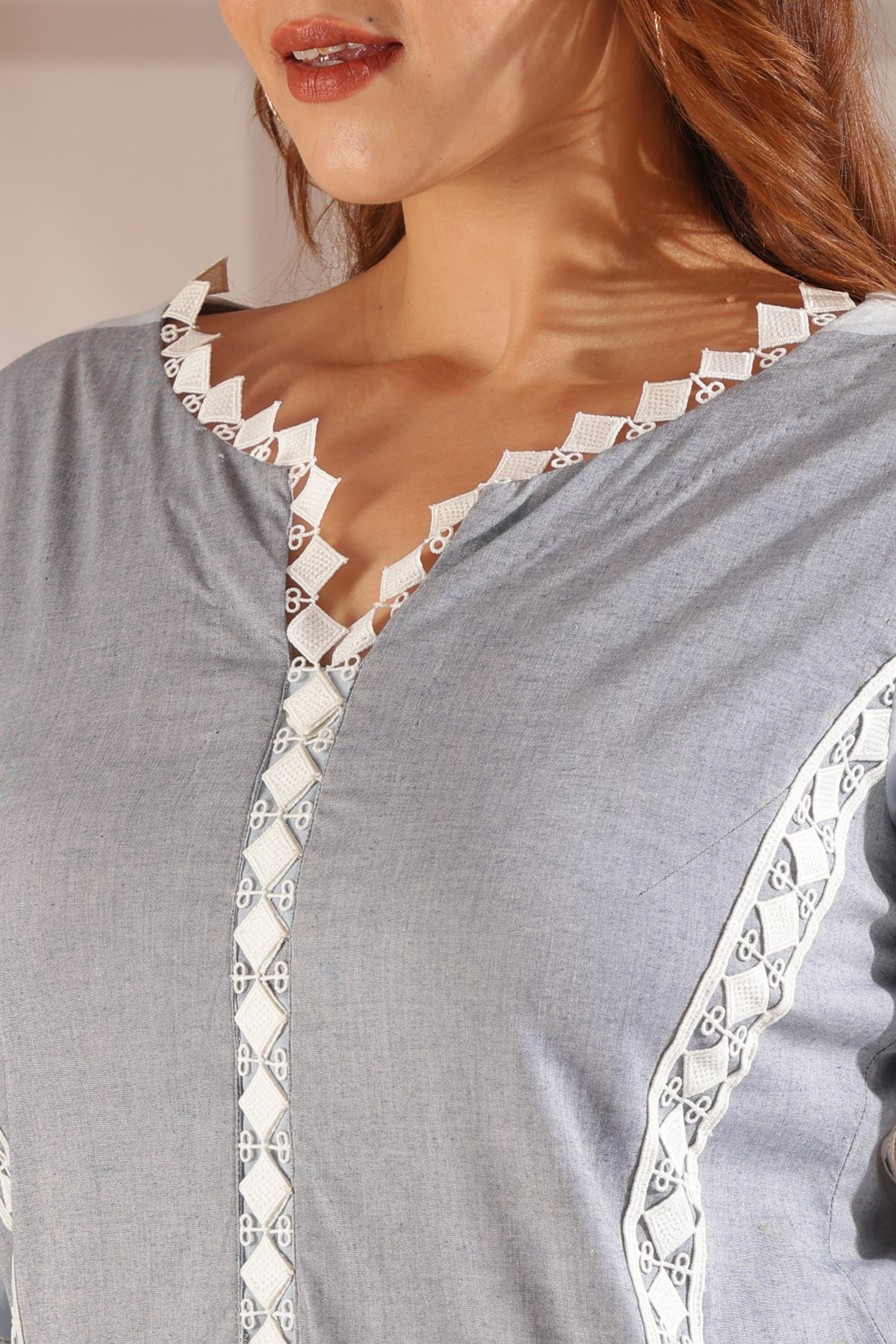 Greyish-Blue Patchwork Tunic Set with Geometric Lace Trim