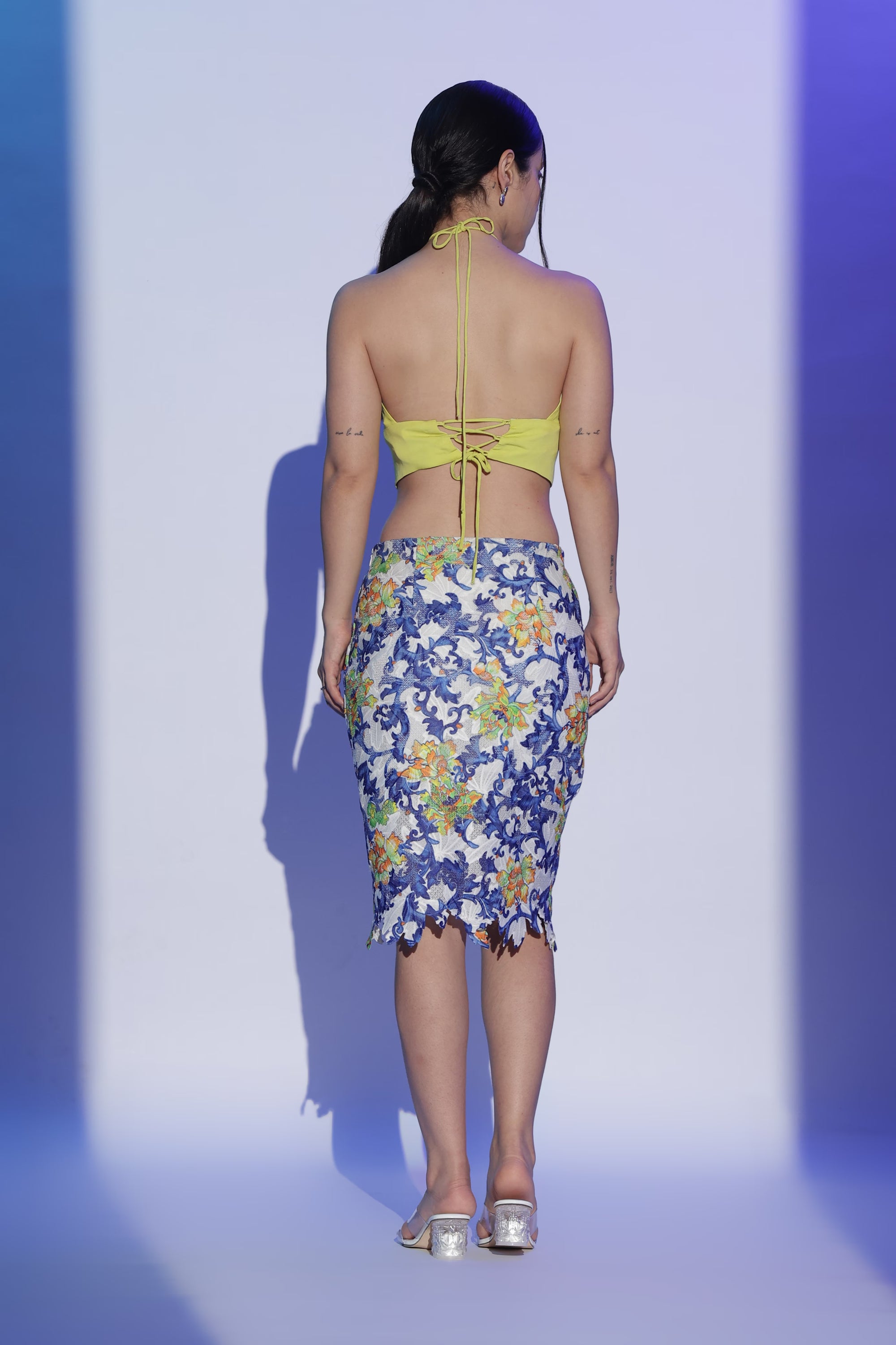 Yellow Halter Top and Embroidered Pencil Skirt