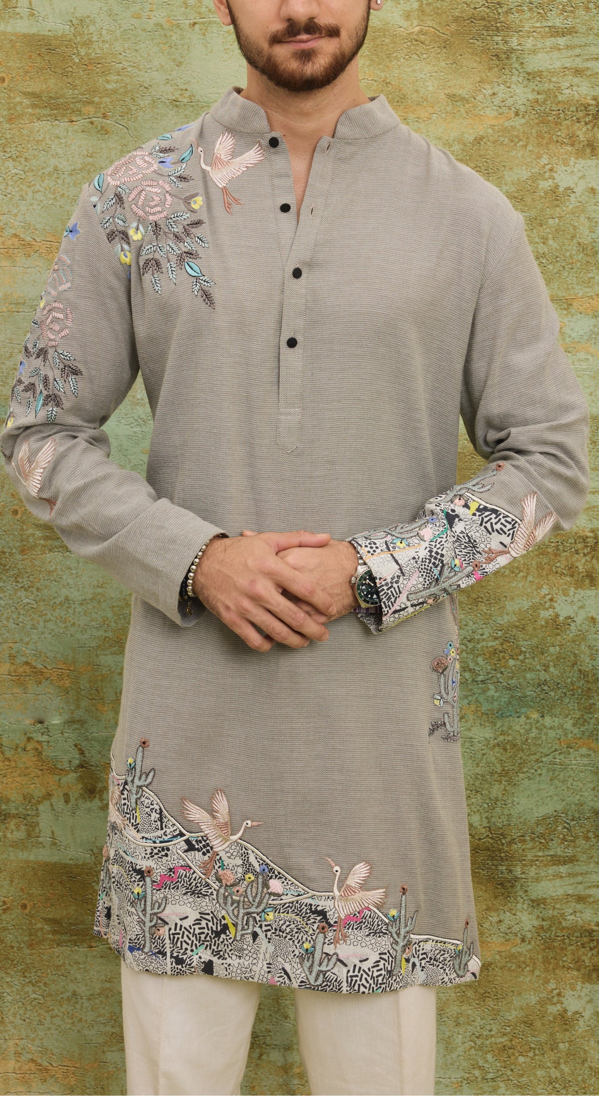 Men’s Grey Embroidered Kurta Set