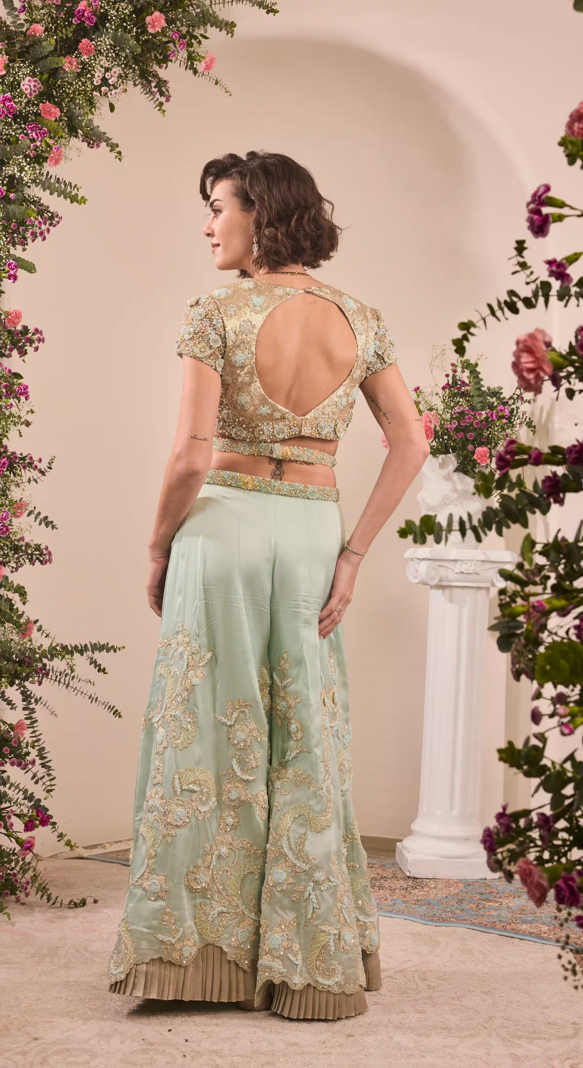 Icy Blue Embroidered Cutout Blouse & Palazzo Set