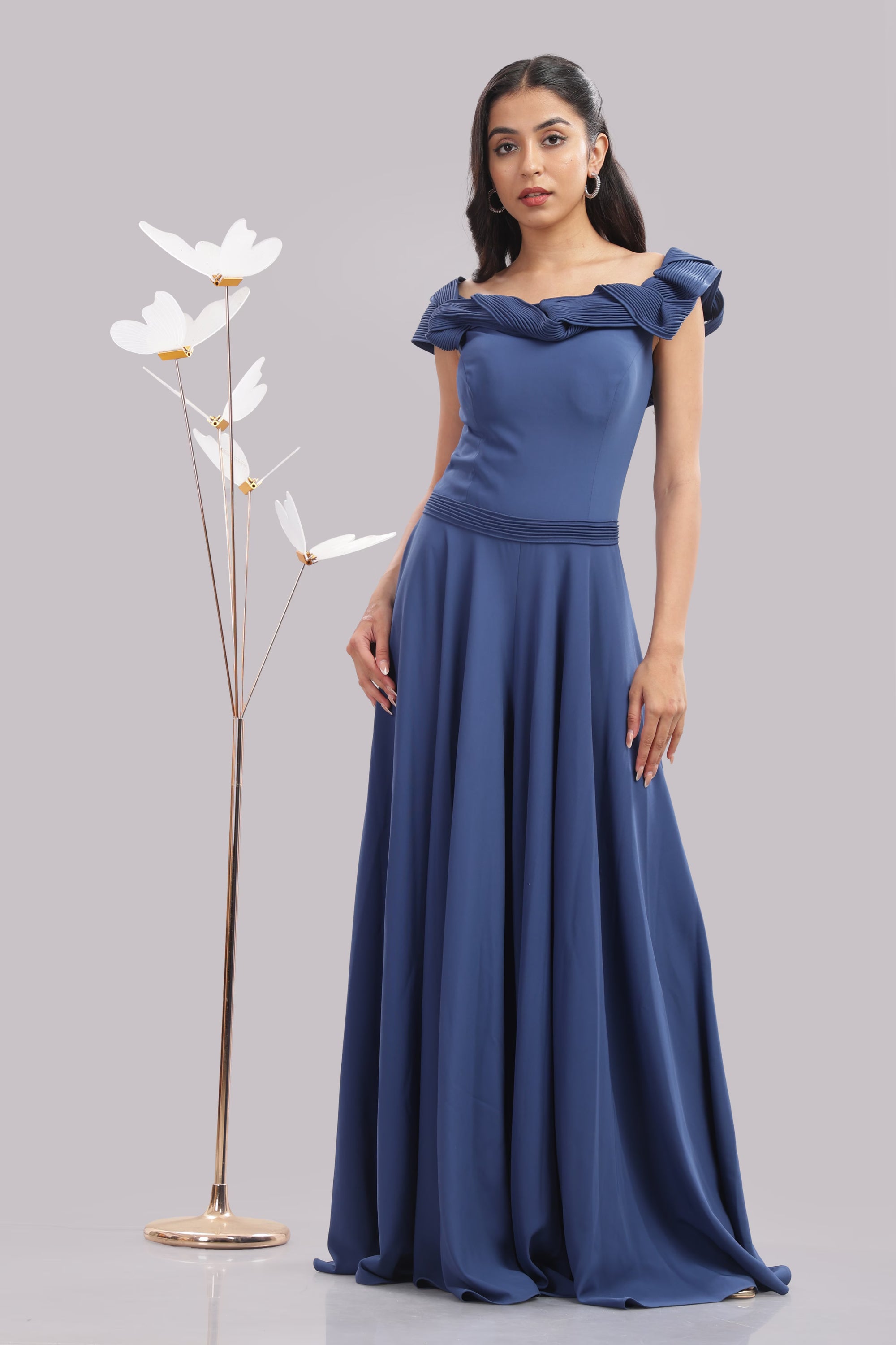 Midnight Blue Ruffle Neckline Gown