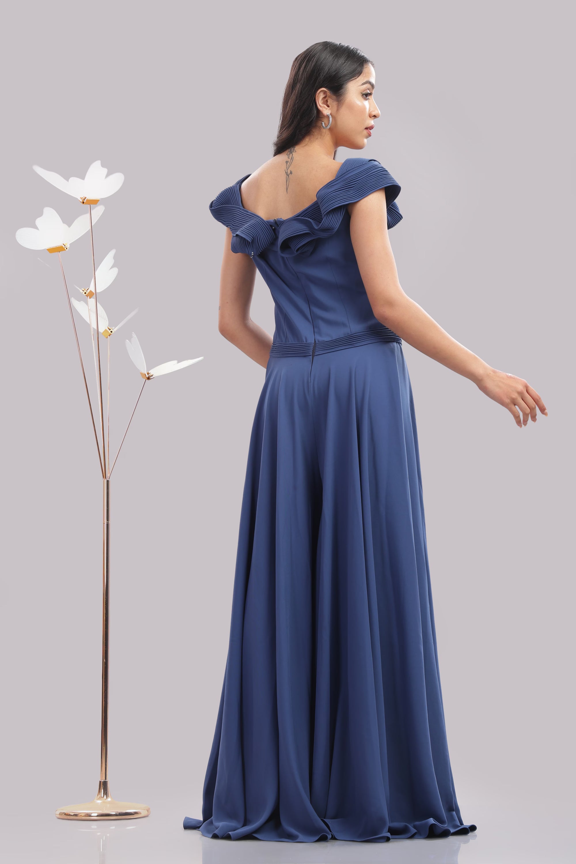Midnight Blue Ruffle Neckline Gown