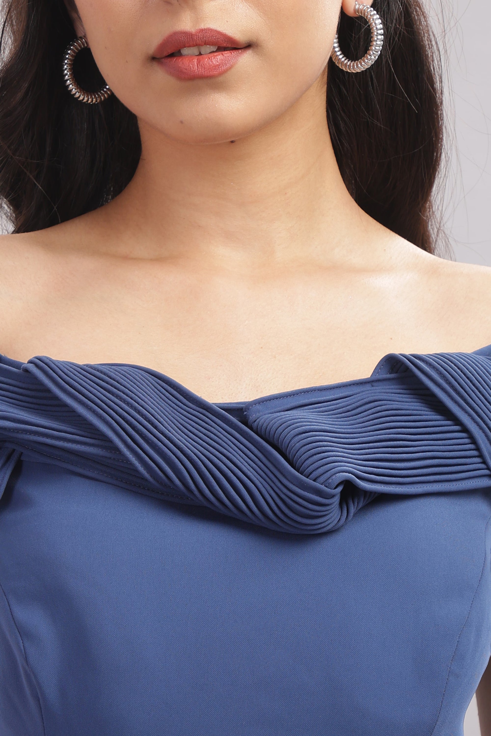 Midnight Blue Ruffle Neckline Gown