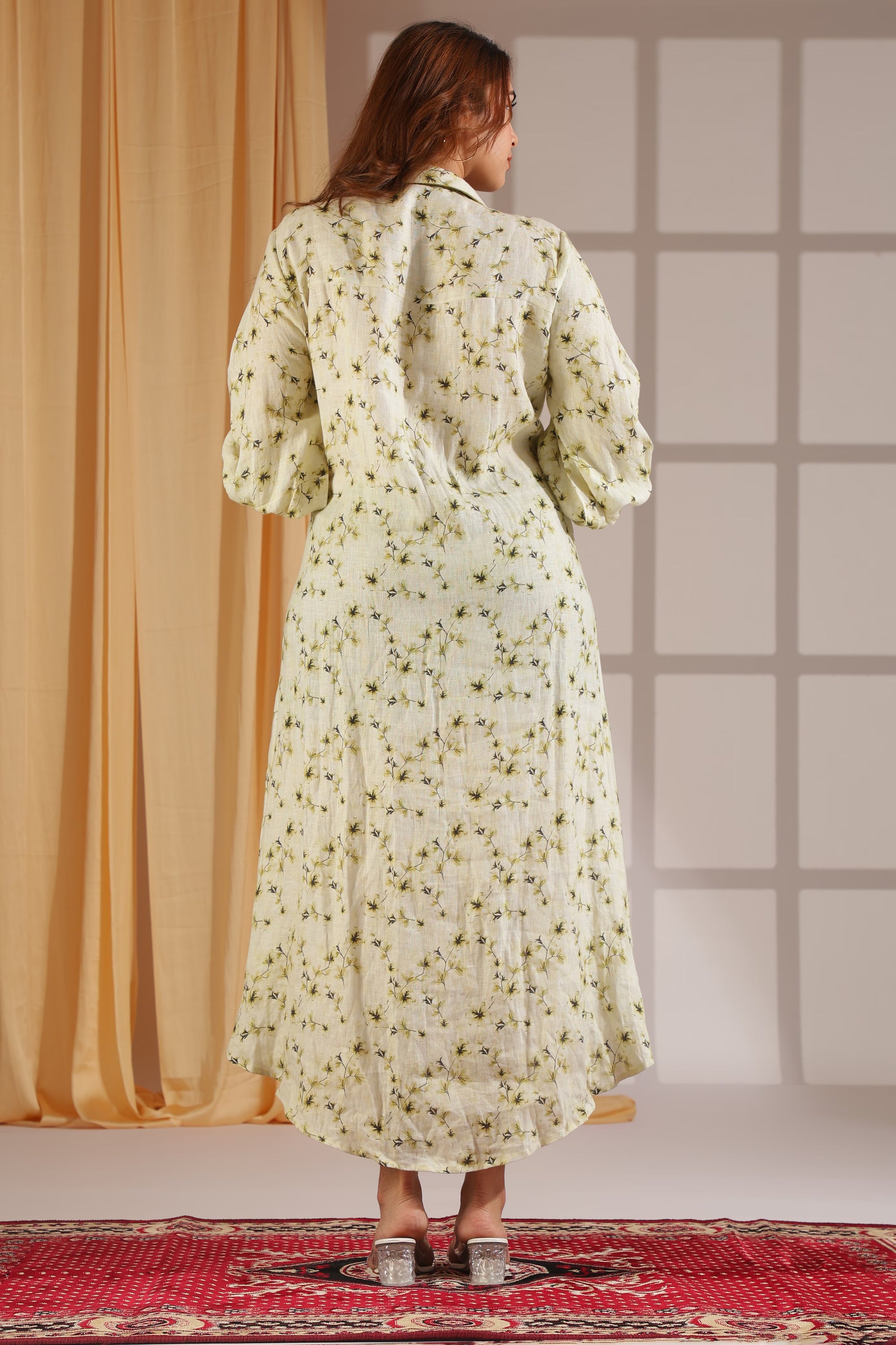 Lime Botanical High-Low Shirt Dress with Lace-Up Cuffs