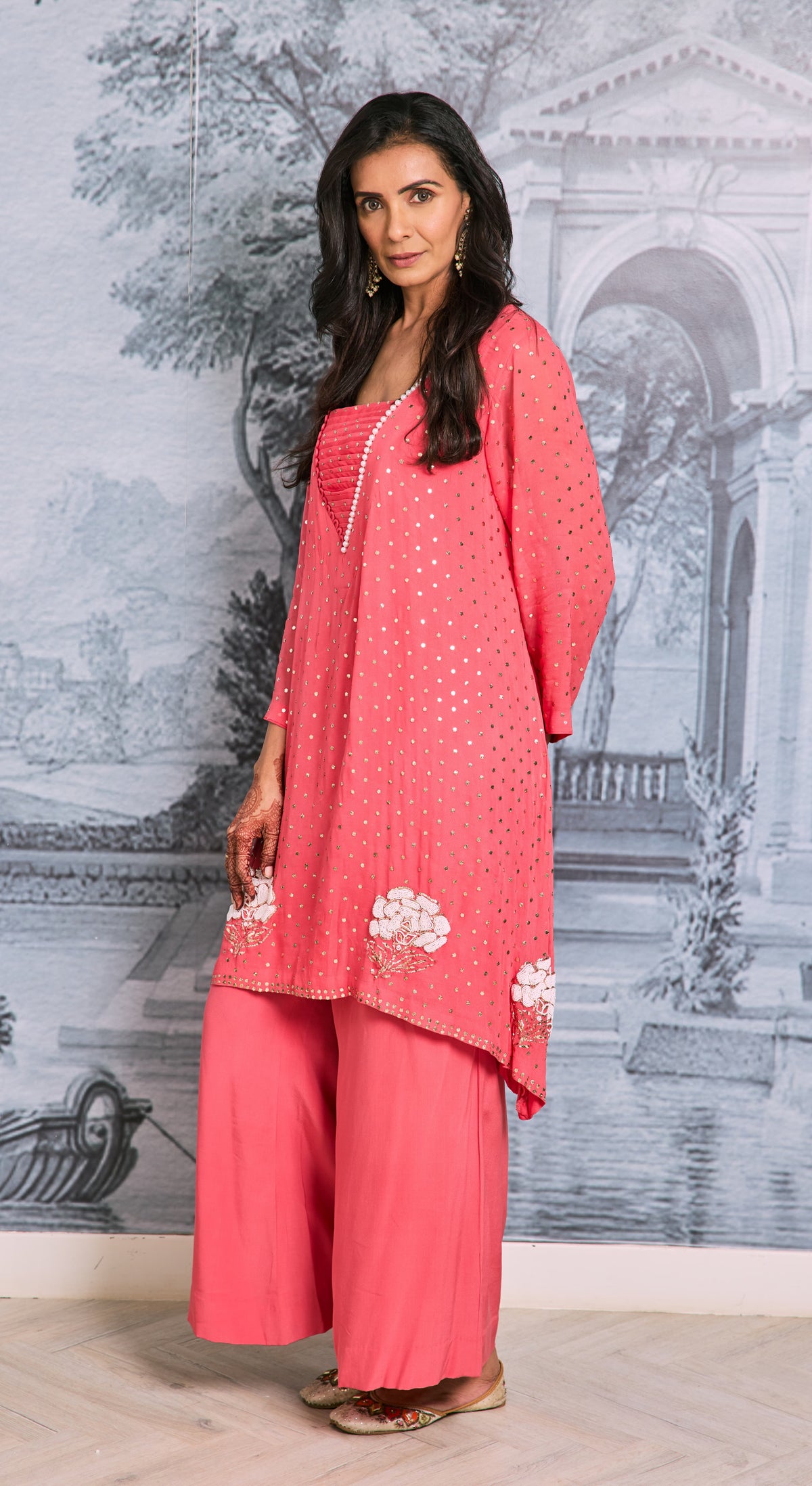 Blossom Coral Mirror Kurti Set