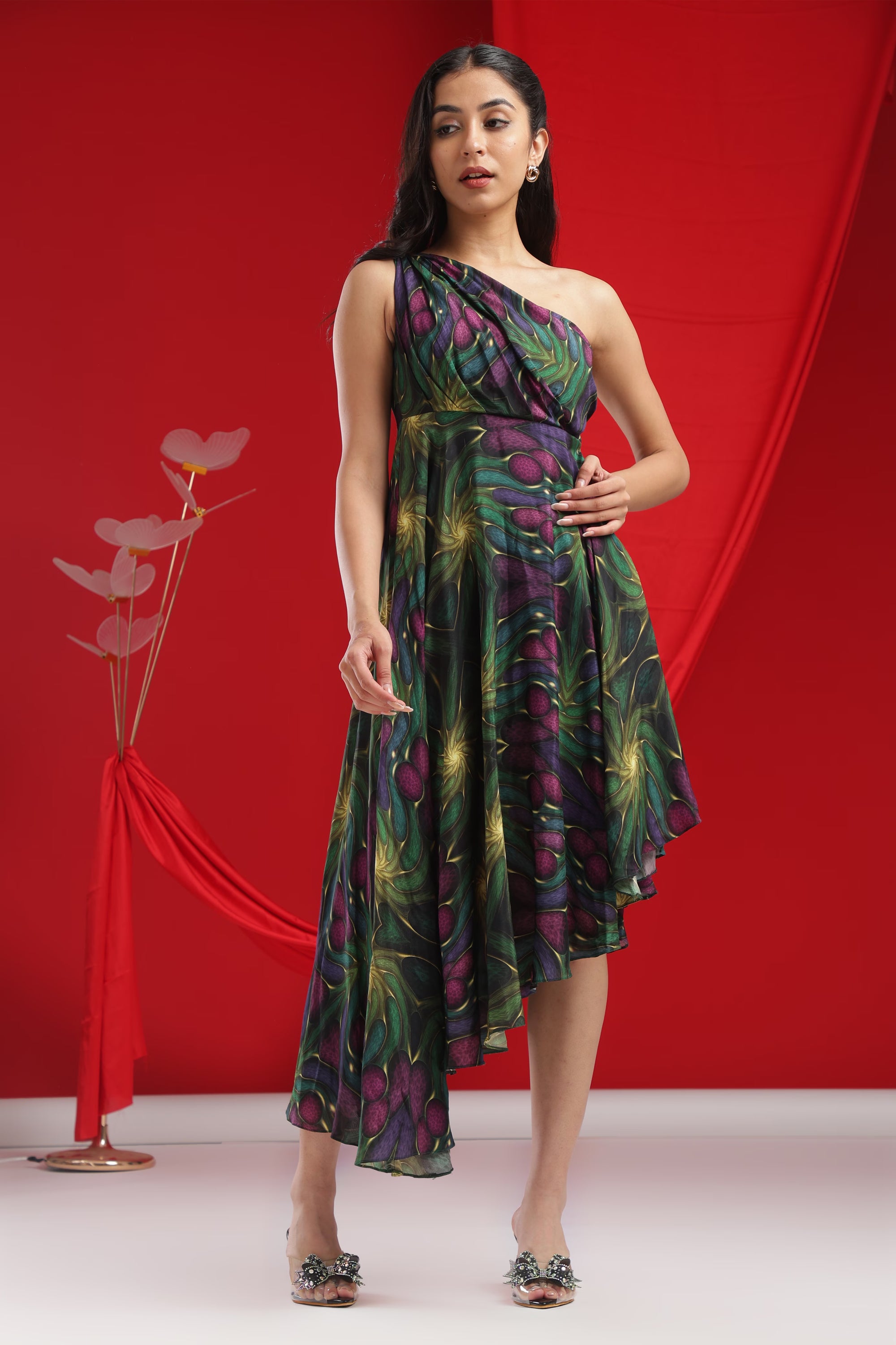 Midnight Forest One-Shoulder Abstract Dress