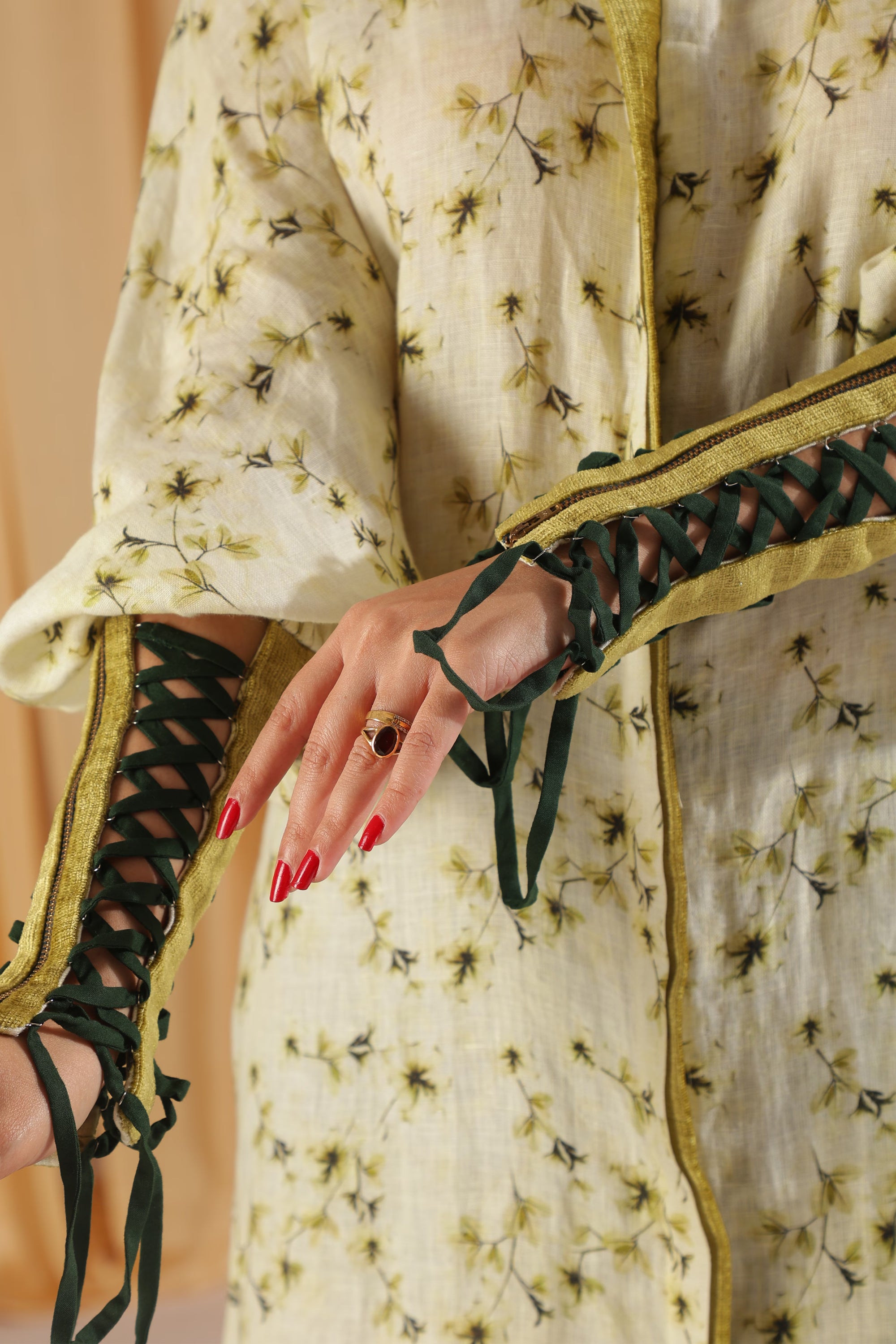 Lime Botanical High-Low Shirt Dress with Lace-Up Cuffs