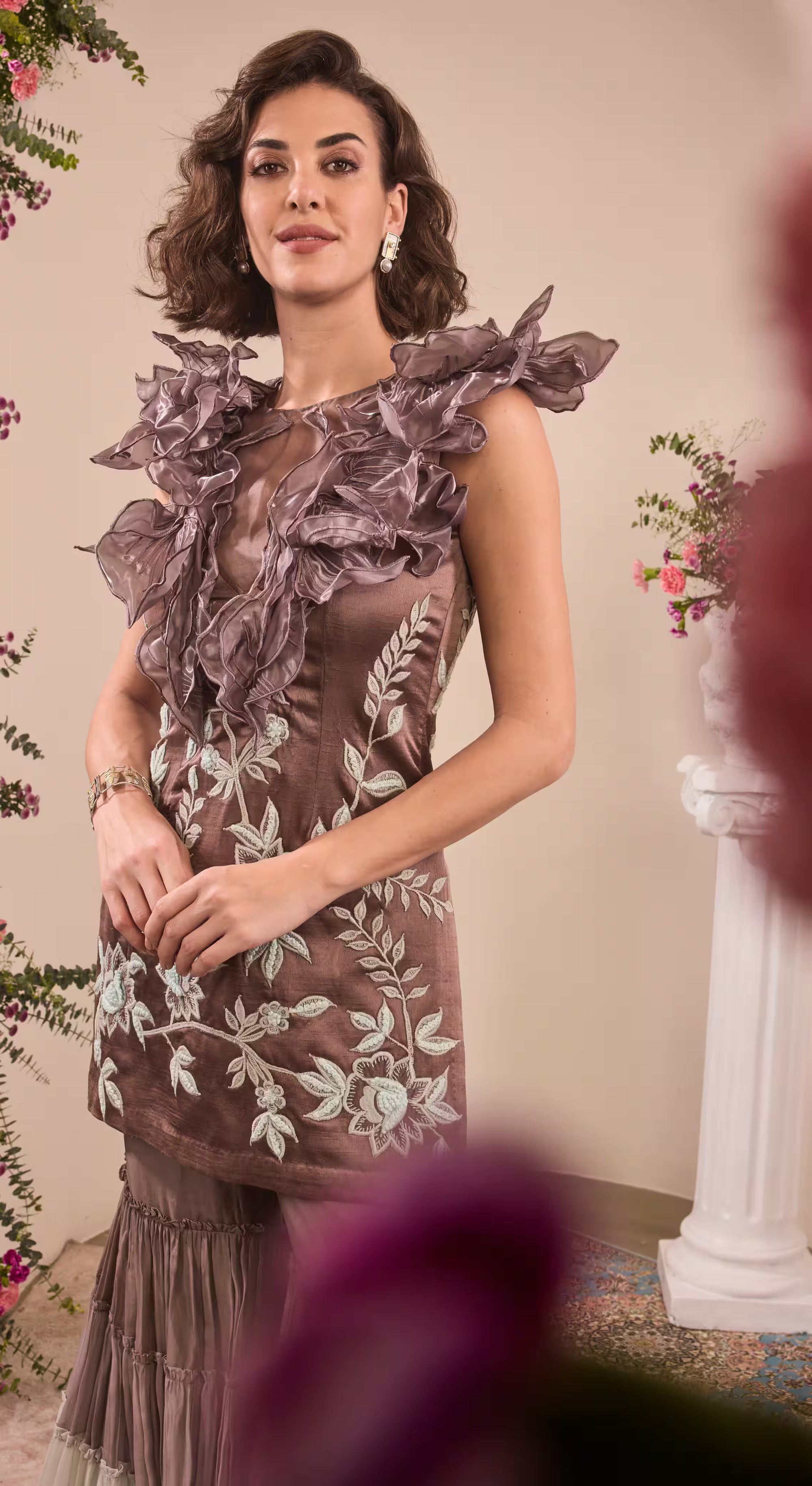 Embroidered Organza Ruffle Tunic & Ombre Tiered Sharara Set