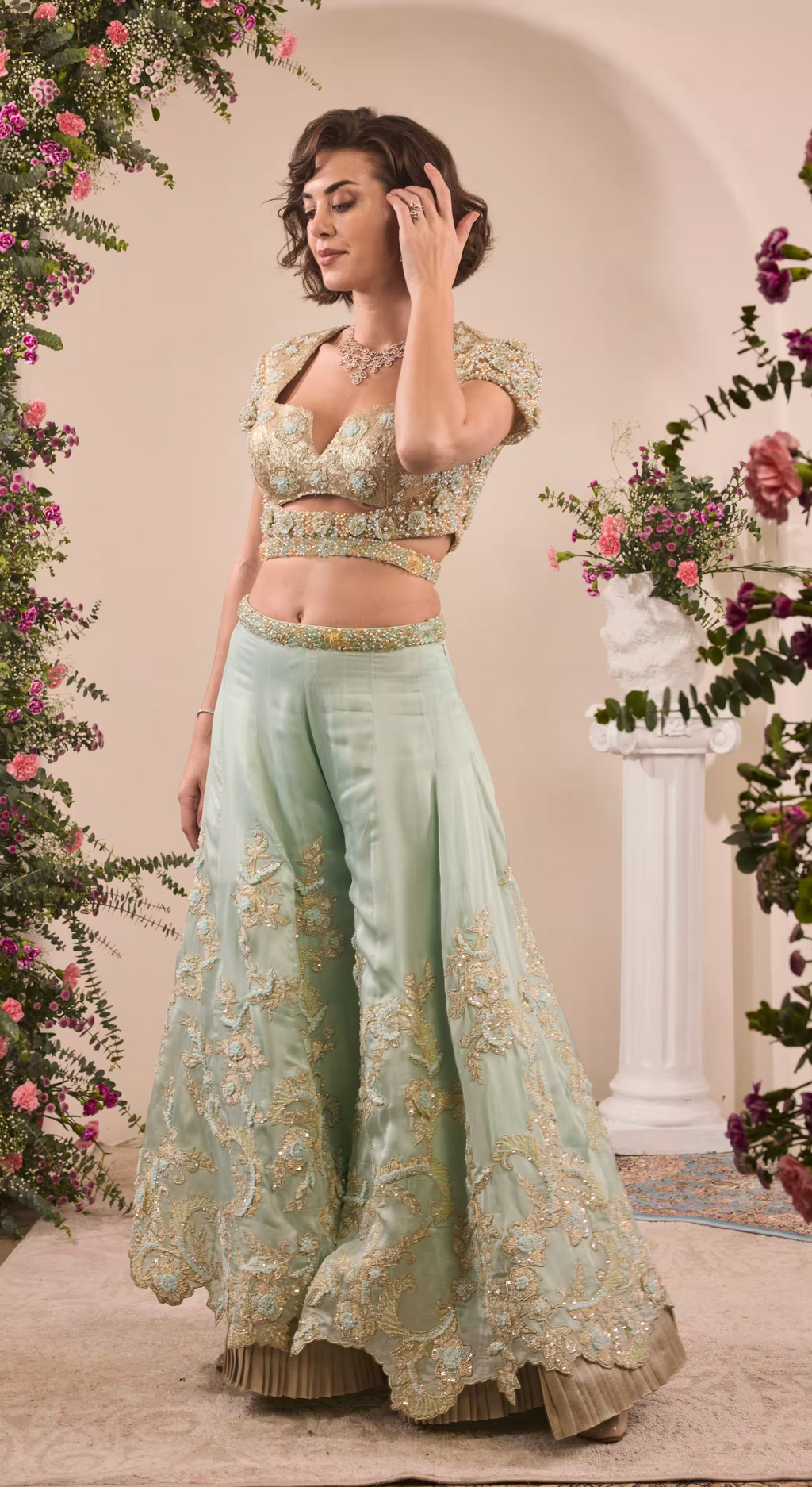 Icy Blue Embroidered Cutout Blouse & Palazzo Set