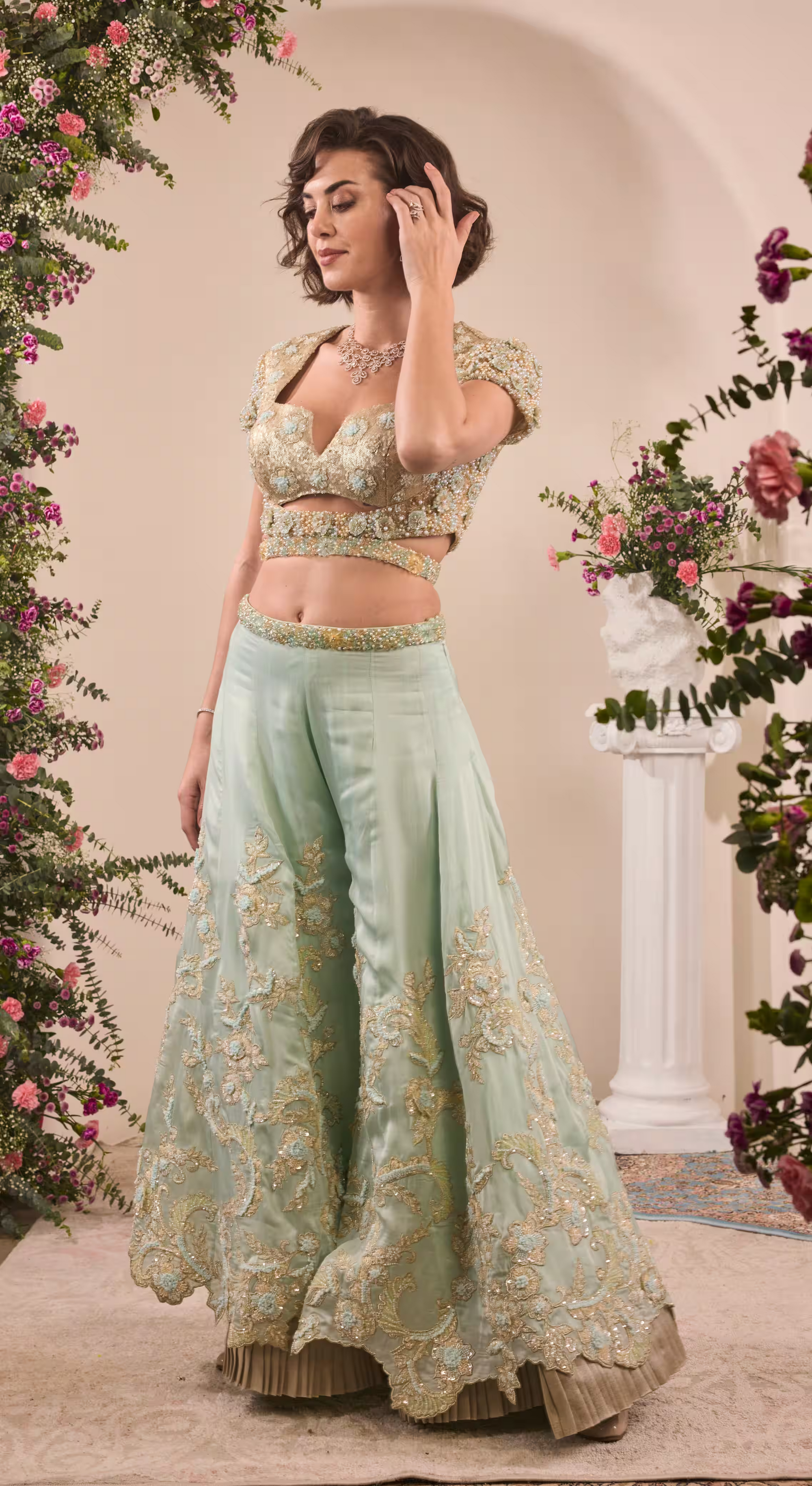 Icy Blue Embroidered Cutout Blouse & Palazzo Set