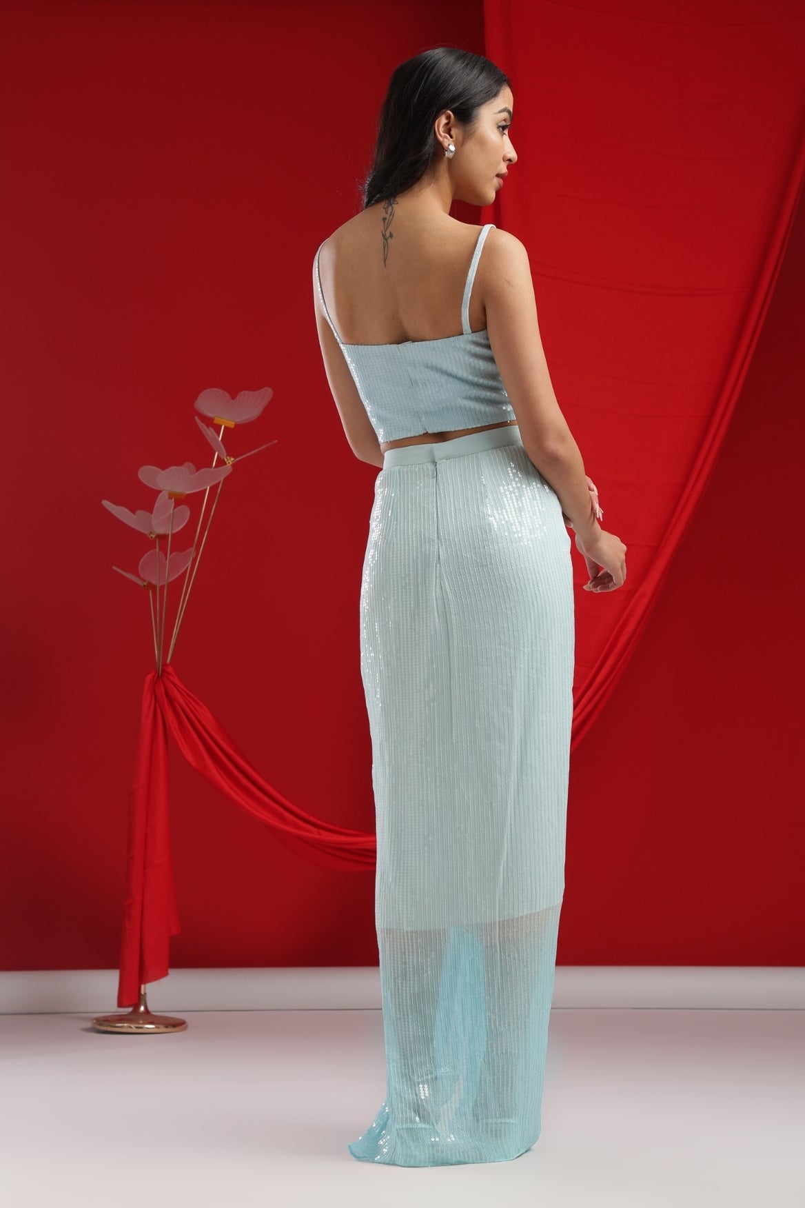 Aqua Blue Shimmer Crop & Draped Skirt ensemble