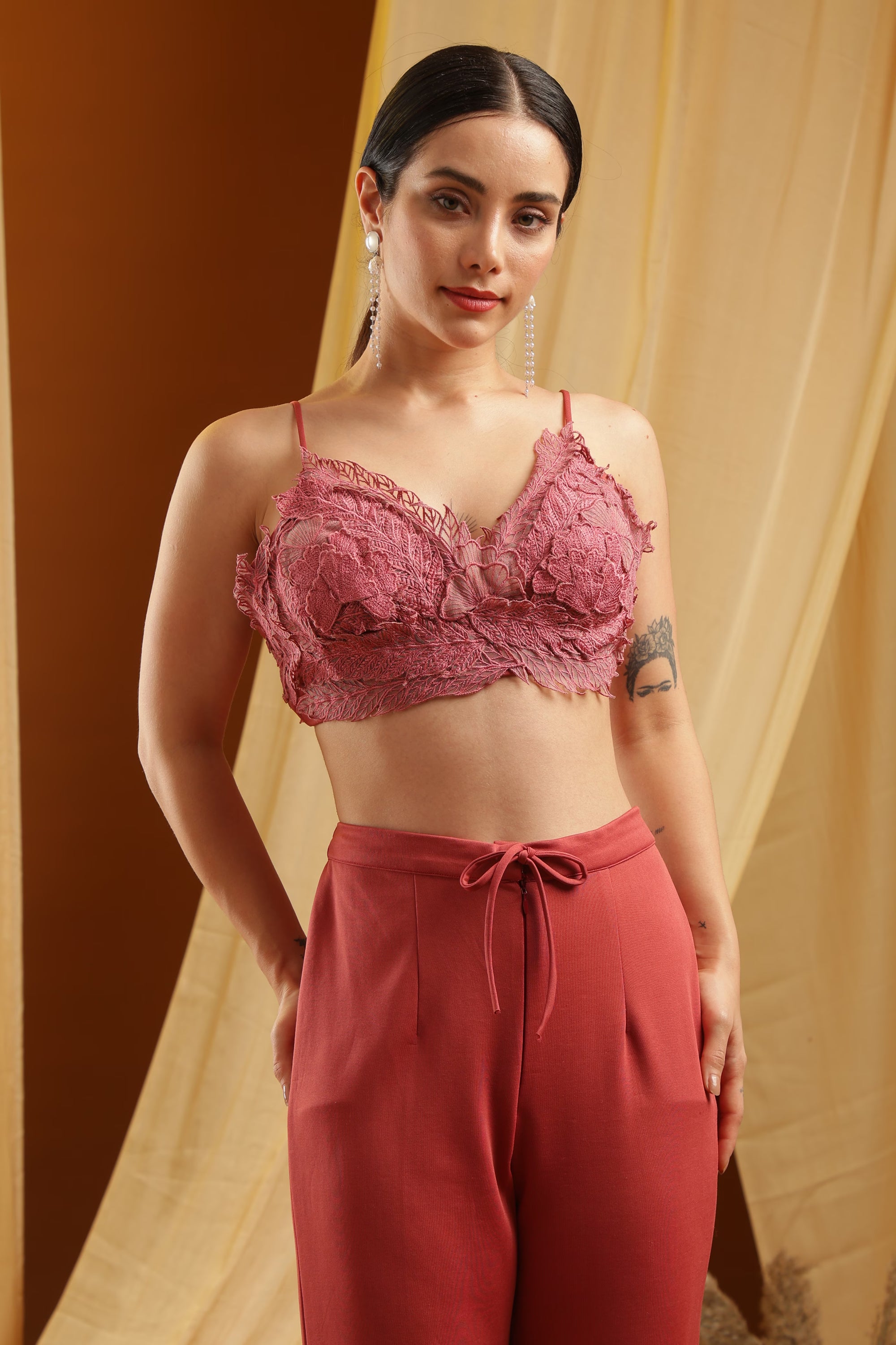 Mauve Lace Bralette and Trouser set