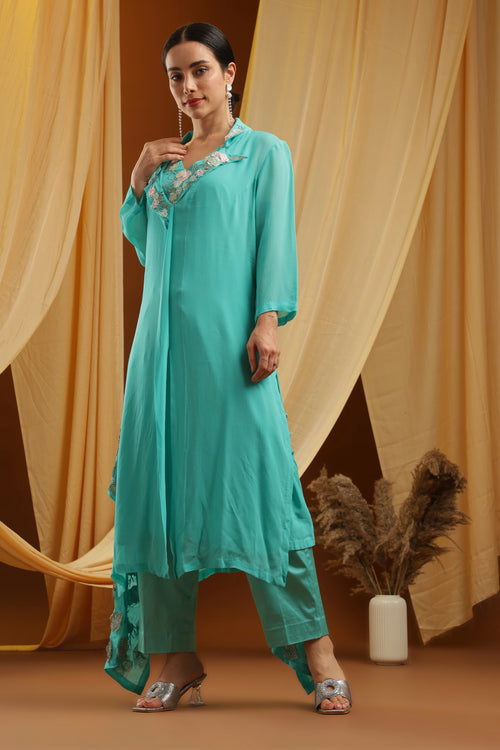 Aqua Asymmetrical Kurta and Pant Set