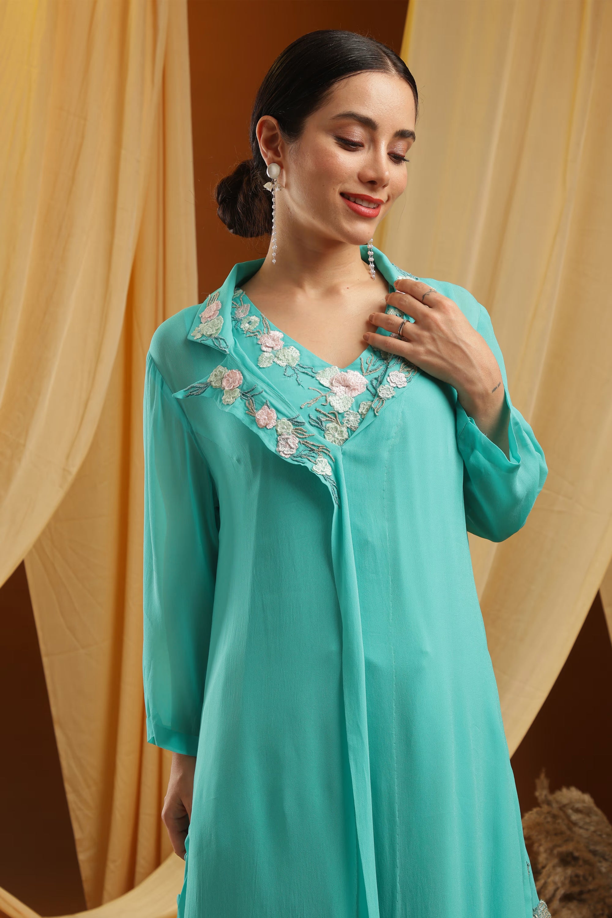 Aqua Asymmetrical Kurta and Pant Set
