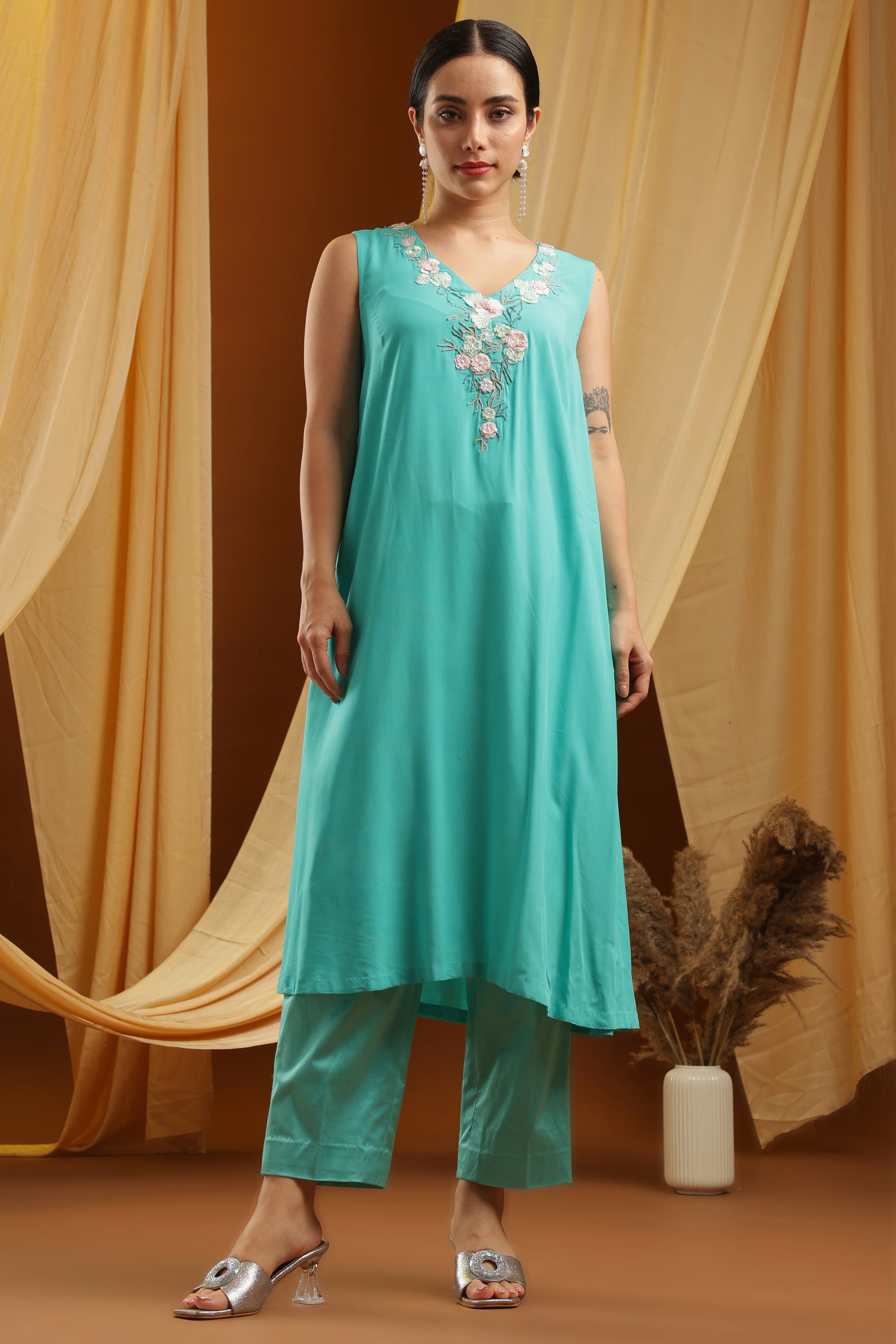 Aqua Asymmetrical Kurta and Pant Set